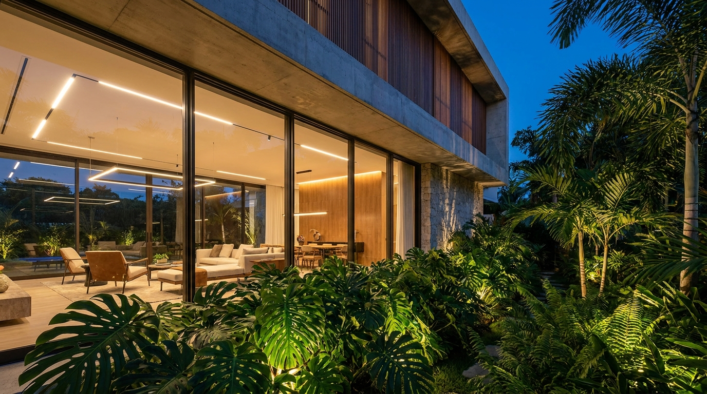 Modern villa at dusk with warm exterior lighting and lush landscaping
